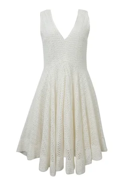 Ivory polyester-blend crochet plunge neck handkerchief peek-a-boo A-line dress