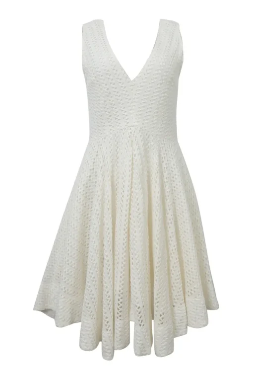 Ivory polyester-blend crochet plunge neck handkerchief peek-a-boo A-line dress