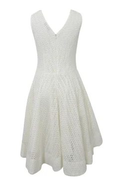 Ivory polyester-blend crochet plunge neck handkerchief peek-a-boo A-line dress