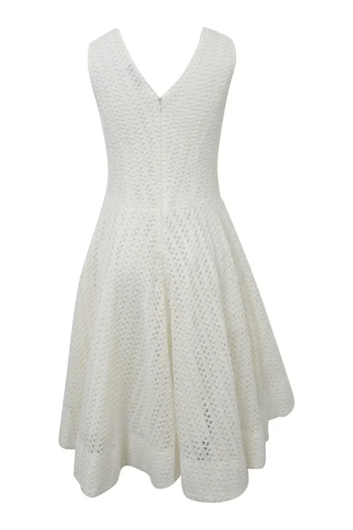 Ivory polyester-blend crochet plunge neck handkerchief peek-a-boo A-line dress