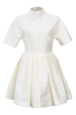 Ivory polyester-blend high-collar dolman sleeve skater dress with darted bodice and knife-pleat skirt