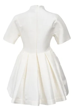 Ivory polyester-blend high-collar dolman sleeve skater dress with darted bodice and knife-pleat skirt
