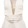 Ivory polyester-blend origami draped plunge neck belted peplum top