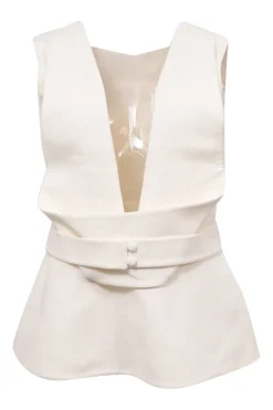 Ivory polyester-blend origami draped plunge neck belted peplum top