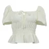 Ivory polyester-blend tie-front ruched off-shoulder peplum blouse