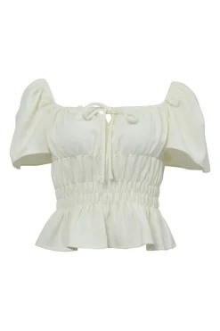 Ivory polyester-blend tie-front ruched off-shoulder peplum blouse
