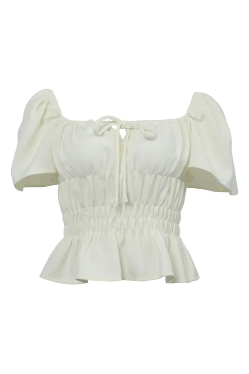 Ivory polyester-blend tie-front ruched off-shoulder peplum blouse