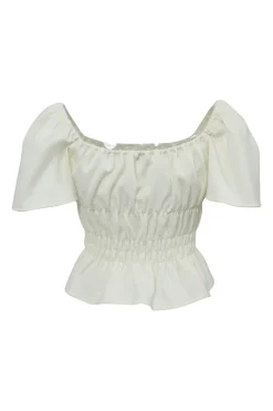 Ivory polyester-blend tie-front ruched off-shoulder peplum blouse