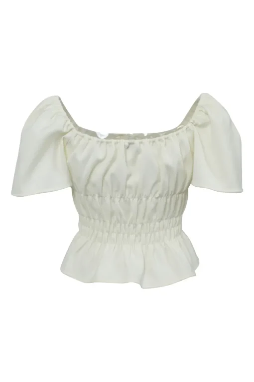 Ivory polyester-blend tie-front ruched off-shoulder peplum blouse