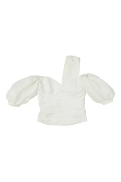 Ivory ruched polyester asymmetric cold shoulder puff sleeve bustier top