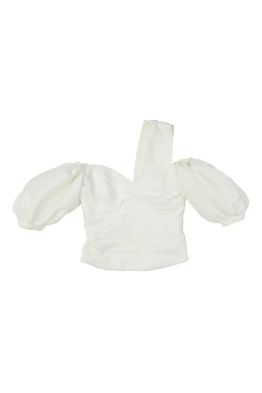 Ivory ruched polyester asymmetric cold shoulder puff sleeve bustier top