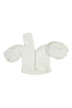 Ivory ruched polyester asymmetric cold shoulder puff sleeve bustier top