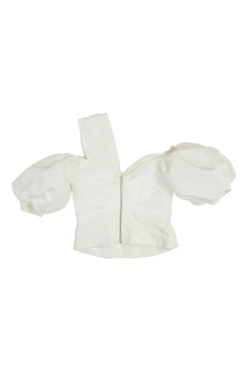 Ivory ruched polyester asymmetric cold shoulder puff sleeve bustier top