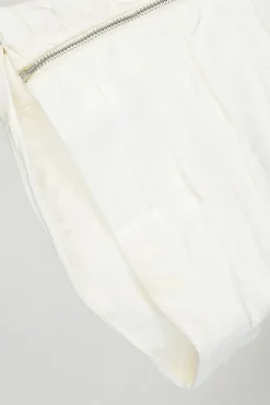 Ivory ruched polyester asymmetric cold shoulder puff sleeve bustier top