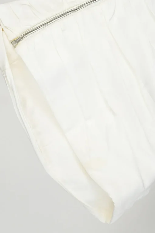 Ivory ruched polyester asymmetric cold shoulder puff sleeve bustier top