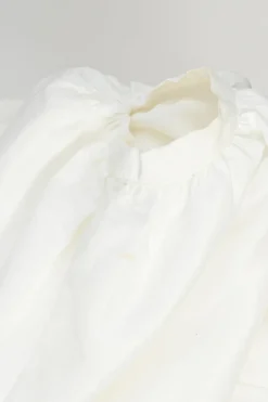 Ivory ruched polyester asymmetric cold shoulder puff sleeve bustier top