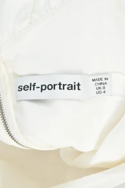 Ivory ruched polyester asymmetric cold shoulder puff sleeve bustier top