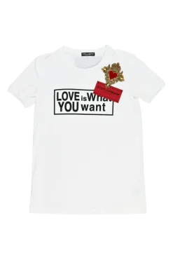Ivory screen-printed ramie-blend crewneck pullover slogan T-shirt featuring bead and logo chest patch