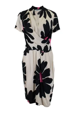Ivory short-sleeve pleated dress with big black and pink flower pattern