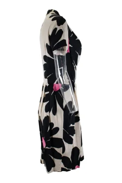 Ivory short-sleeve pleated dress with big black and pink flower pattern