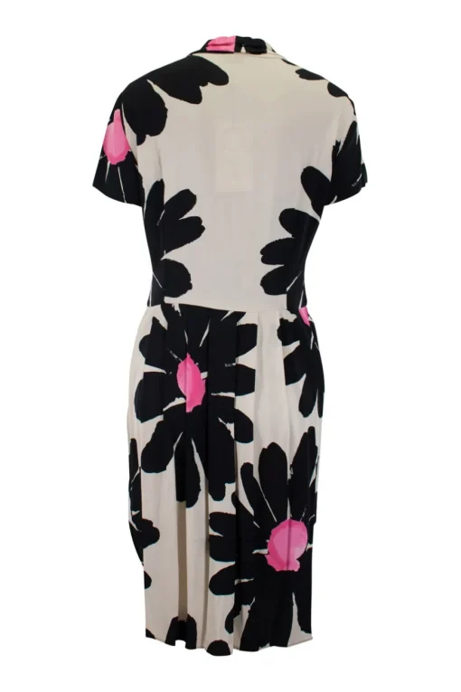Ivory short-sleeve pleated dress with big black and pink flower pattern