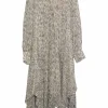 Ivory silk abstract stripe print pullover mock neck midi A-line dress with bias-cut handkerchief hem