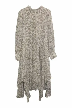 Ivory silk abstract stripe print pullover mock neck midi A-line dress with bias-cut handkerchief hem