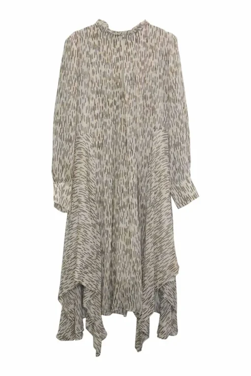 Ivory silk abstract stripe print pullover mock neck midi A-line dress with bias-cut handkerchief hem