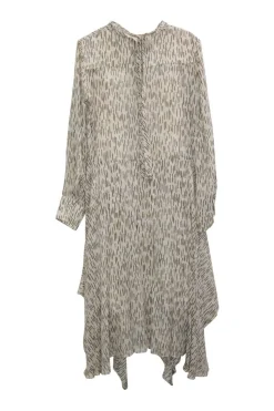 Ivory silk abstract stripe print pullover mock neck midi A-line dress with bias-cut handkerchief hem