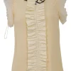Ivory silk band collar tie-neck flutter sleeve blouse with frill trim bib appliqué