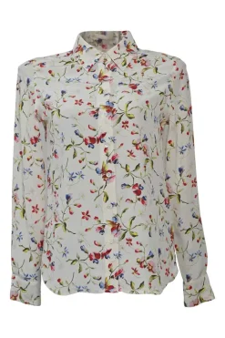 Ivory silk graphic floral print point collar button-front shirt