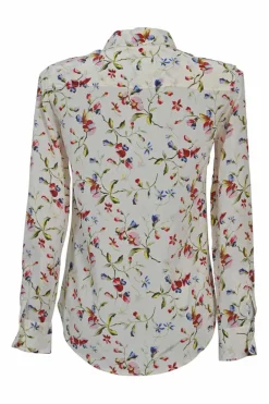 Ivory silk graphic floral print point collar button-front shirt