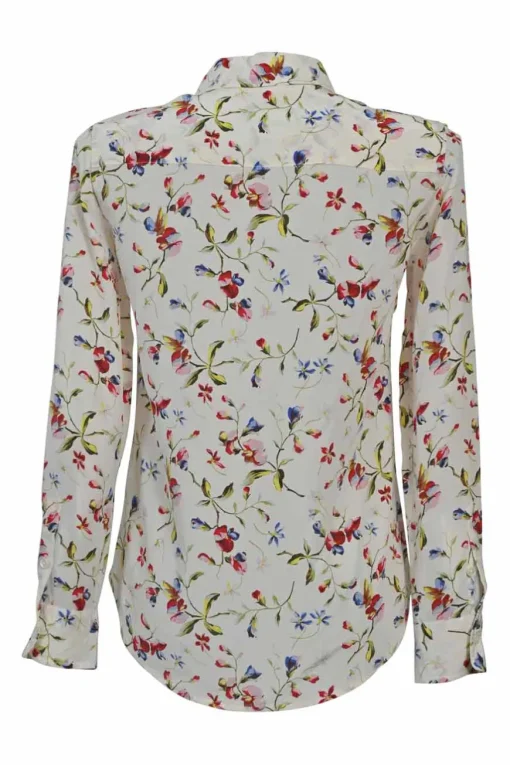 Ivory silk graphic floral print point collar button-front shirt