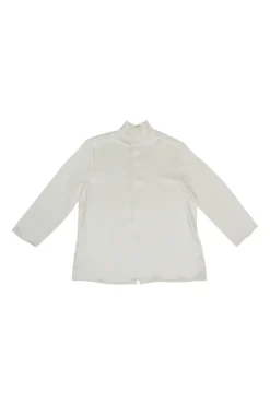 Ivory silk mock neck button-back blouse with cropped sleeves