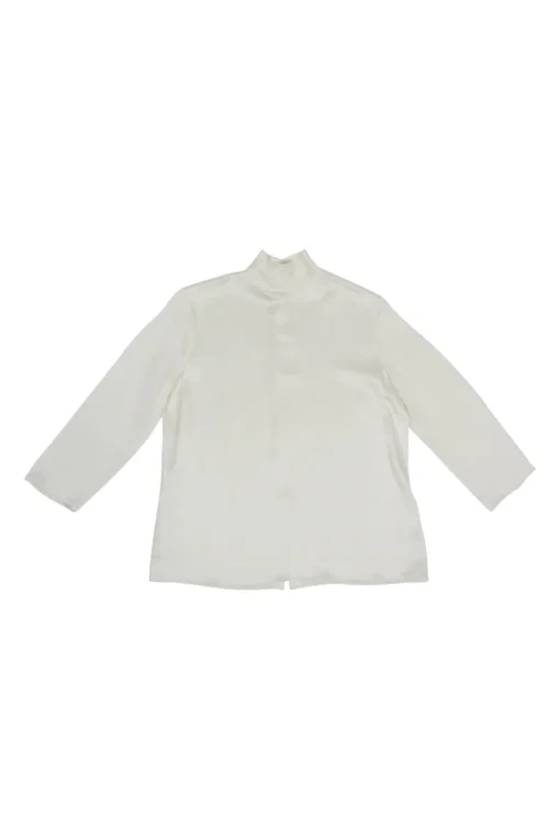 Ivory silk mock neck button-back blouse with cropped sleeves