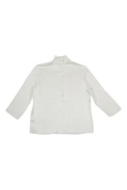 Ivory silk mock neck button-back blouse with cropped sleeves