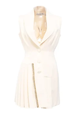 Ivory silk peak lapel button-up pleated mini dress with faux-pearl and crystal accents