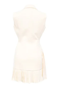 Ivory silk peak lapel button-up pleated mini dress with faux-pearl and crystal accents