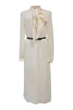 Ivory silk pussy-bow belted half-sleeve shirt dress