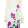 Ivory silk satin floral wrap-front shirt with adjustable self-tie fastening at side