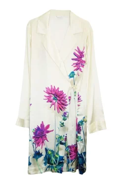 Ivory silk satin floral wrap-front shirt with adjustable self-tie fastening at side