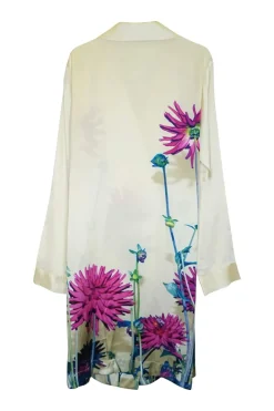 Ivory silk satin floral wrap-front shirt with adjustable self-tie fastening at side