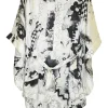 Ivory silk satin kimono sleeve belted Y-collar tunic top with all-over painterly art print