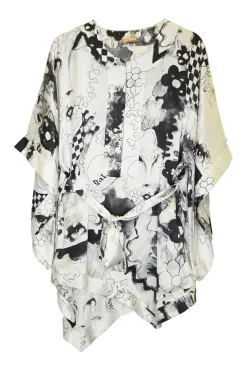 Ivory silk satin kimono sleeve belted Y-collar tunic top with all-over painterly art print