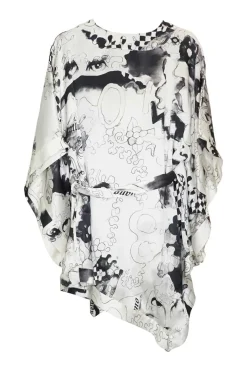 Ivory silk satin kimono sleeve belted Y-collar tunic top with all-over painterly art print