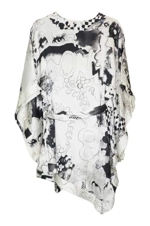 Ivory silk satin kimono sleeve belted Y-collar tunic top with all-over painterly art print