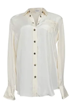 Ivory silk spread collar button-front blouse with chest patch pocket appliqué
