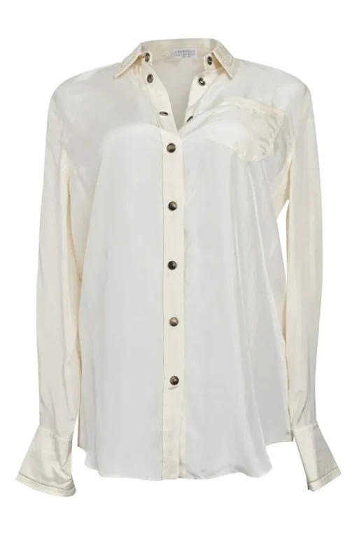 Ivory silk spread collar button-front blouse with chest patch pocket appliqué