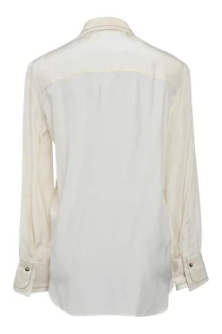 Ivory silk spread collar button-front blouse with chest patch pocket appliqué