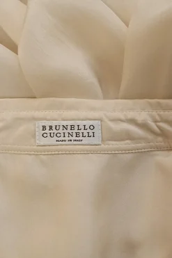 Ivory silk spread collar button-front blouse with chest patch pocket appliqué